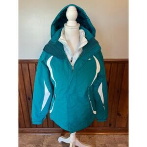 North Face Womens HyVent TriClimate 3-in-1 Winter Hooded Jacket Teal White XS